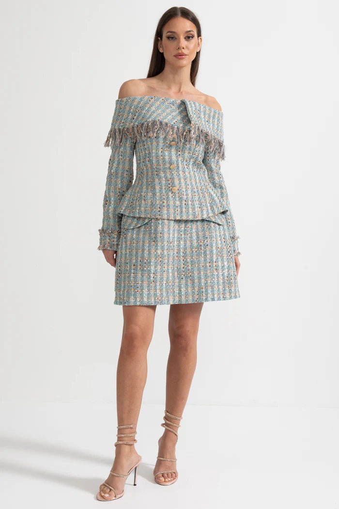 Plaid Tweed Set With Off-Shoulder Top And Coordinated Mini Skirt - Blue