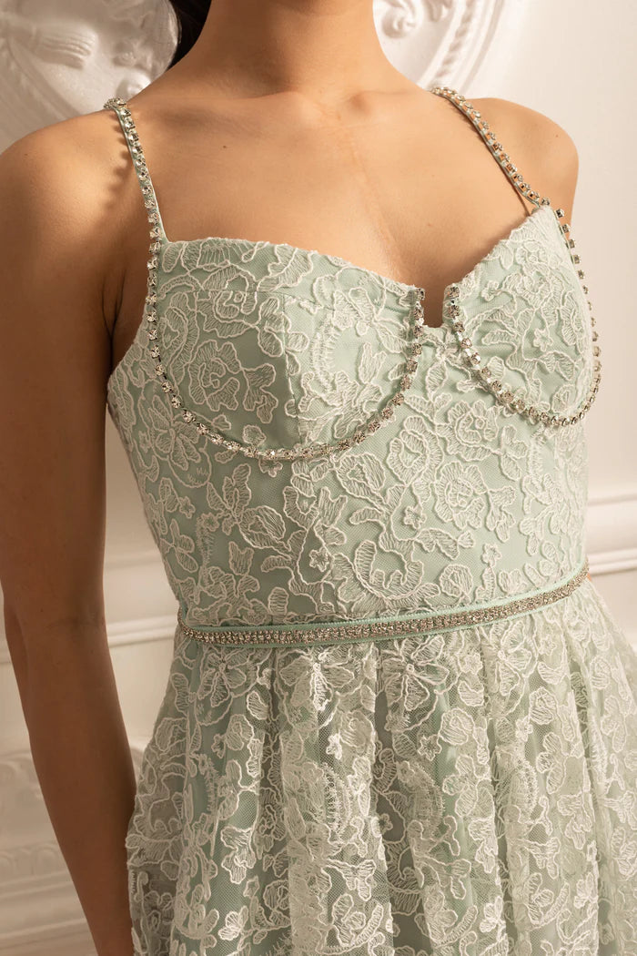Mini Dress With Lace Floral Pattern And Sparkling Details - Mint Green