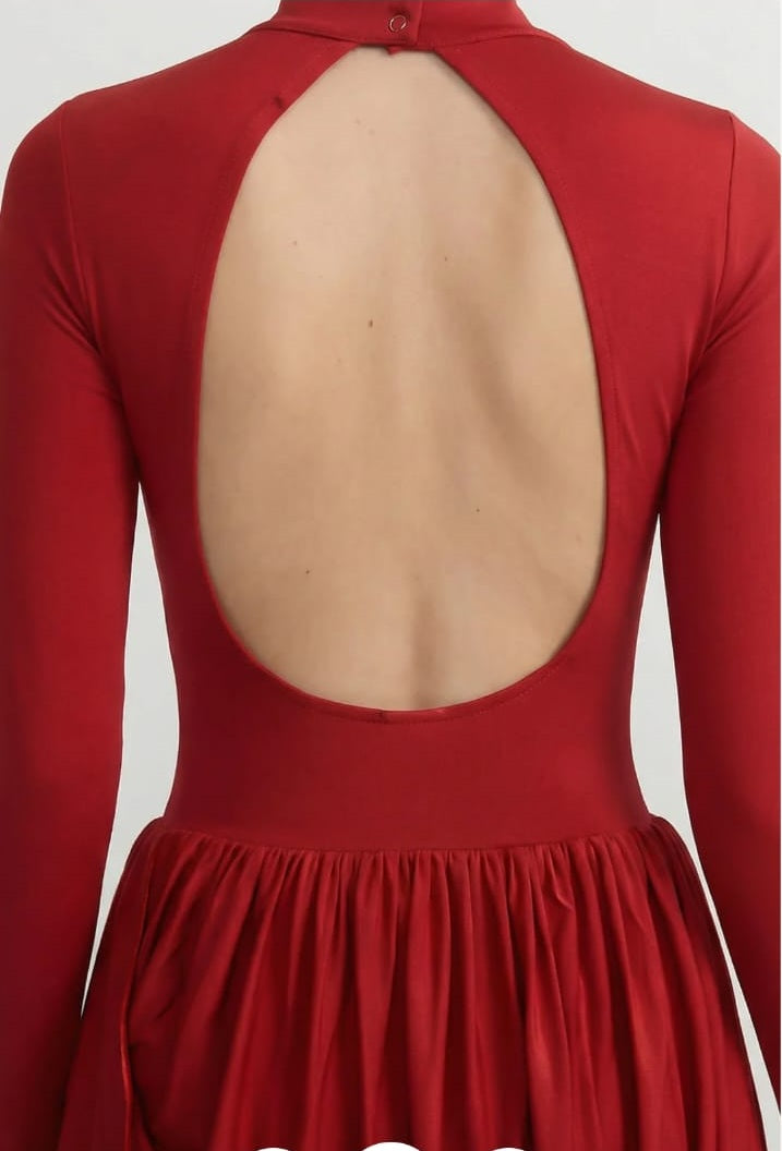 Long Sleeve Mini Dress With Draped Bubble Skirt - Red