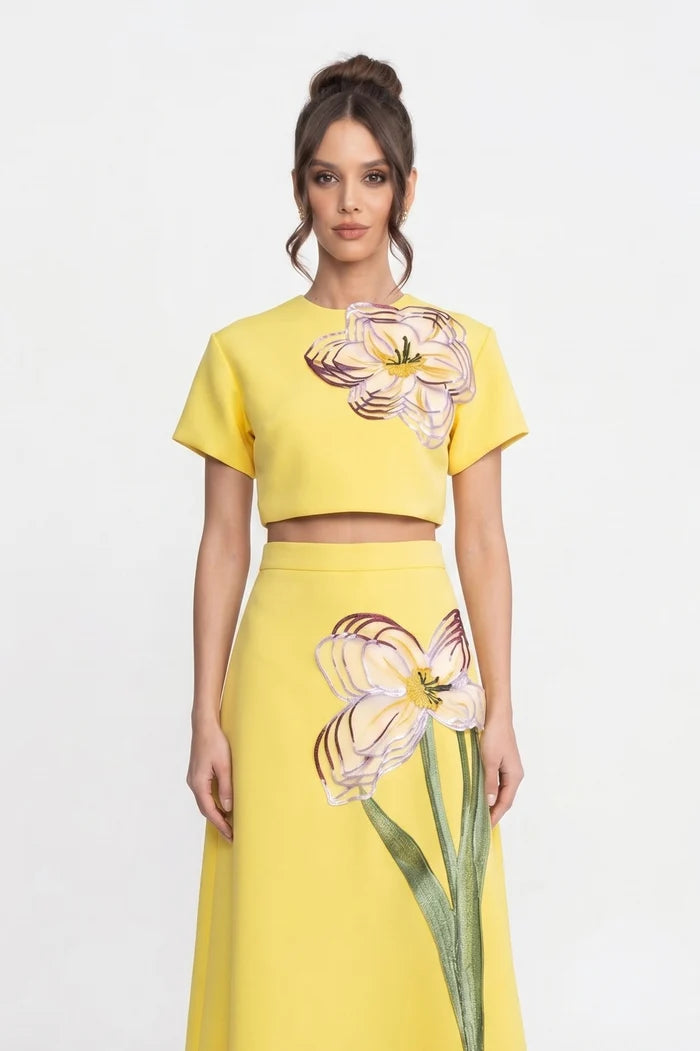 Short-Sleeve Floral-Print Co-Ord Set With Crop Top And Maxi Skirt - Yellow