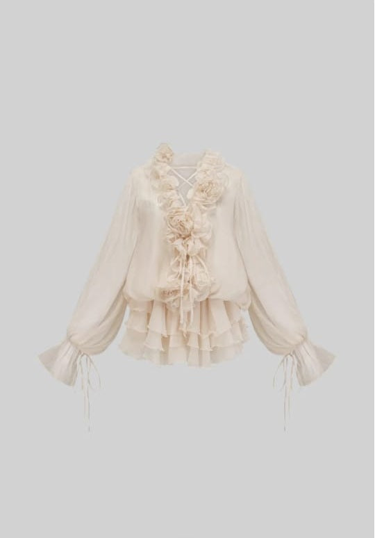 FLOWING SHEER DRESS WITH FLORAL APPLIQUES AND LONG PUFFY SLEEVES - Beige