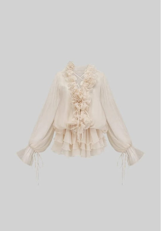 FLOWING SHEER DRESS WITH FLORAL APPLIQUES AND LONG PUFFY SLEEVES - Beige