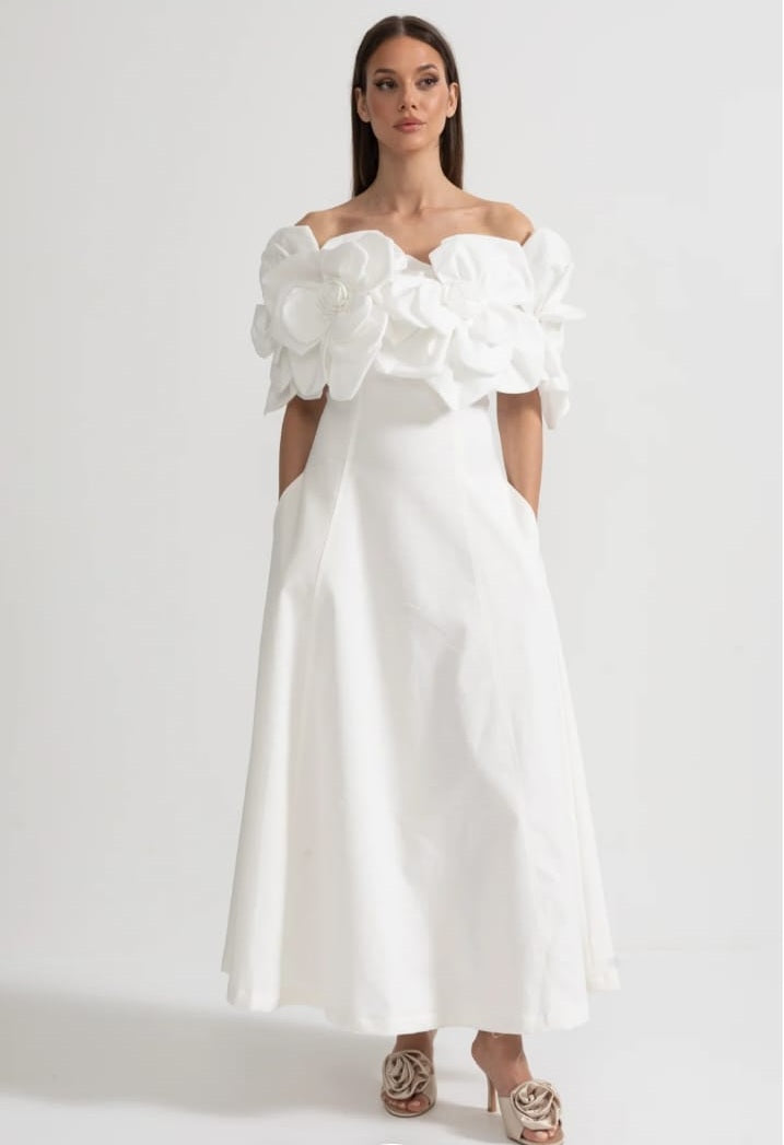 Off-Shoulder Midi Dress With Large Fabric Floral Accents - White