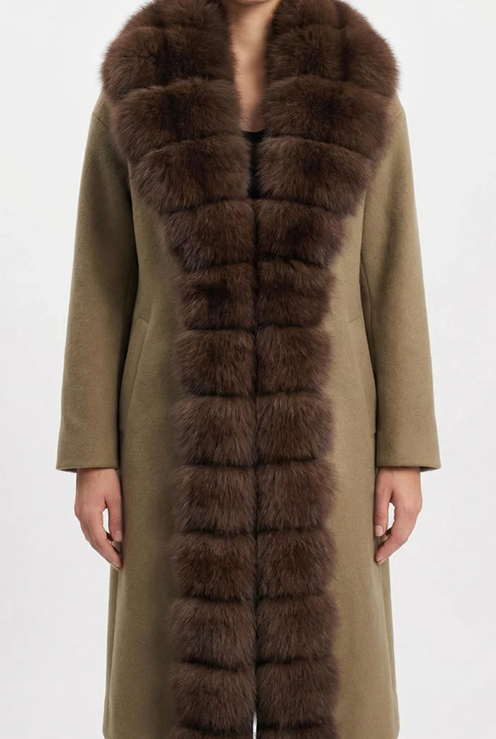 Wool Long Coat with Fox Fur Front