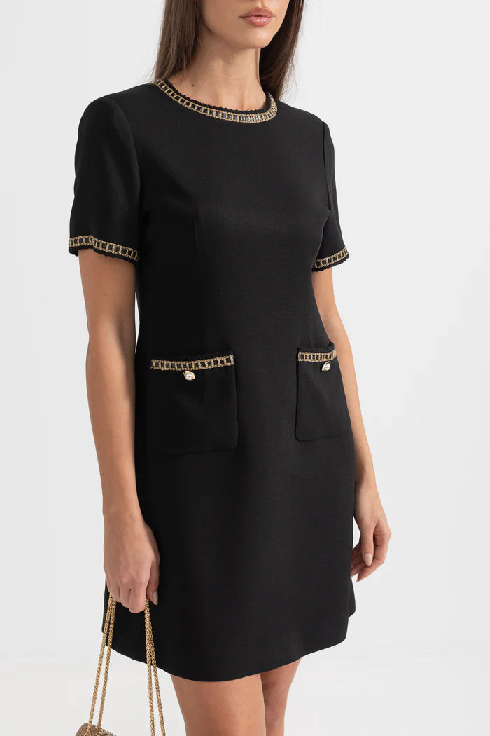 Short Sleeve Dress With Gold Stitching Details - Black