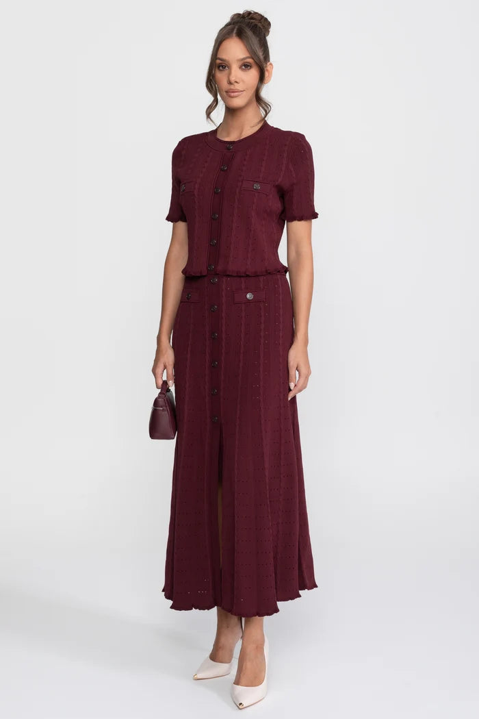 Ribbed Knit Co-Ord Set With Buttoned Front Cardigan And Matching Maxi Skirt - Burgundy