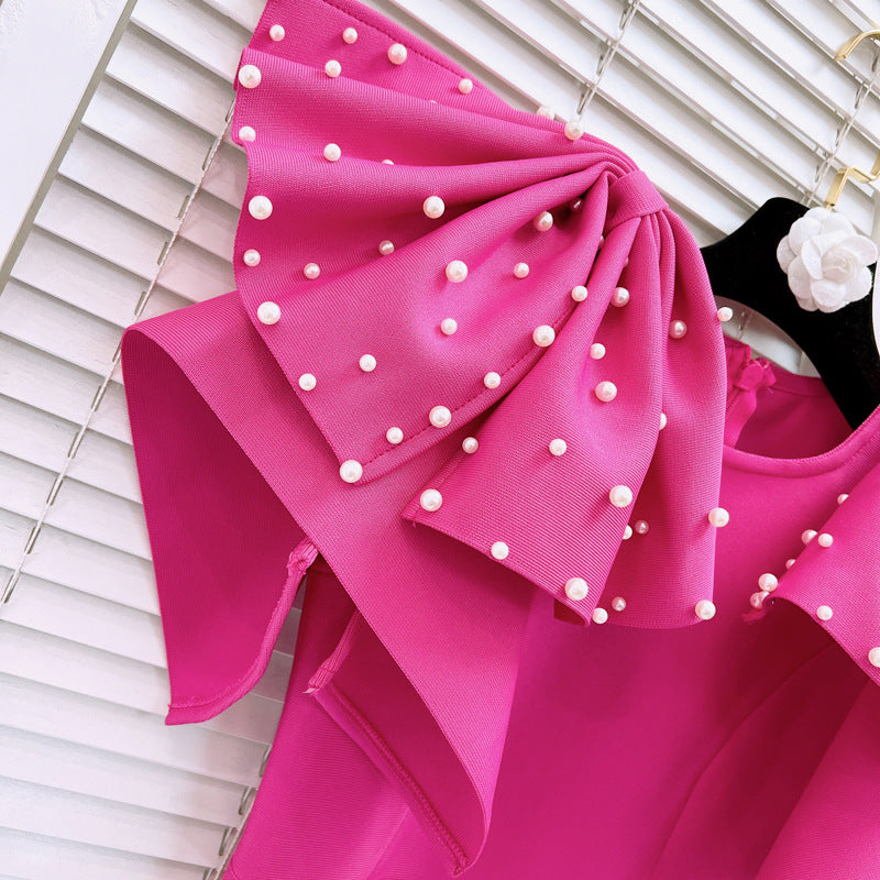 Pink bead bow midi bandage dress