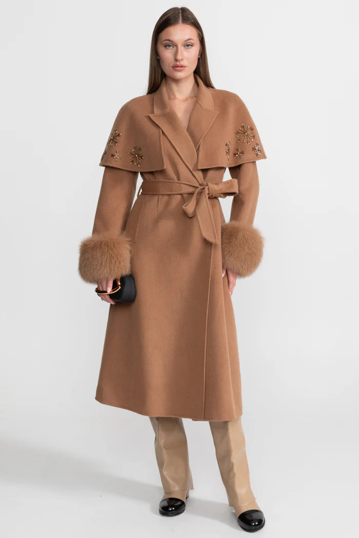 Embellished Wool Coat with Fox Fur Cuffs And Cape Overlay - Light Brown