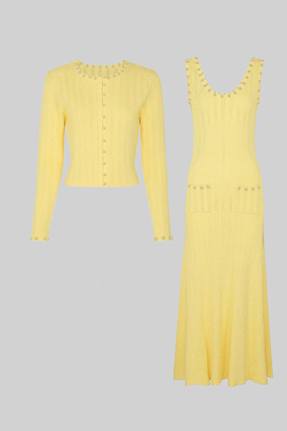 Ribbed Knit Dress and Cardigan Set With Pearl Button Detailing - Yellow