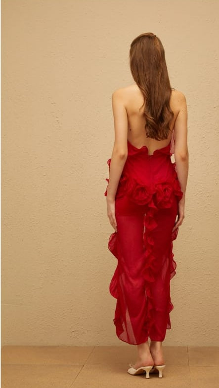 Hannabella Red Asymmetrical Ruffled Floral Mini Dress