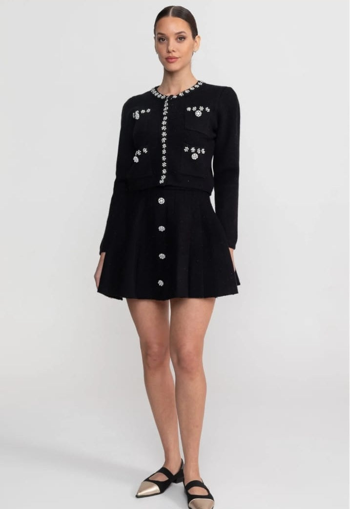 Knit Co-Ord Set With Long Sleeve Cardigan And Matching Mini Skirt - Black