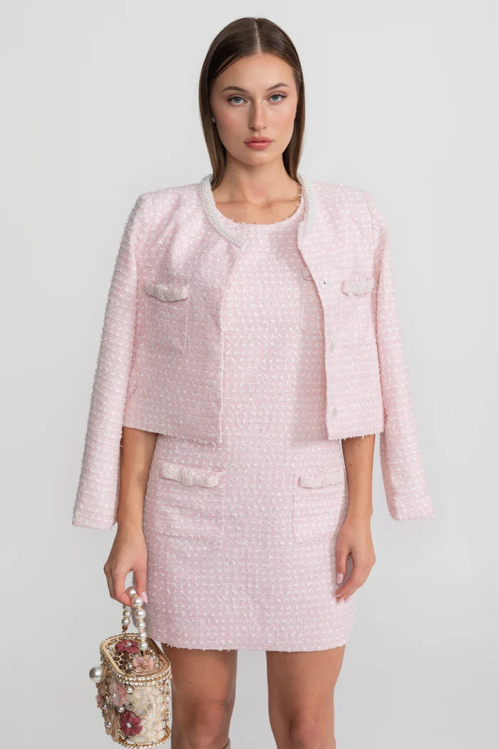 Embellished Tweed Mini Dress With Delicate Pearl Trim - Light Pink