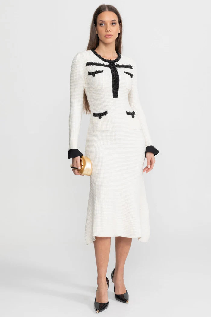 Textured Midi Dress with Contrast Embroidered Trim – Ivoire