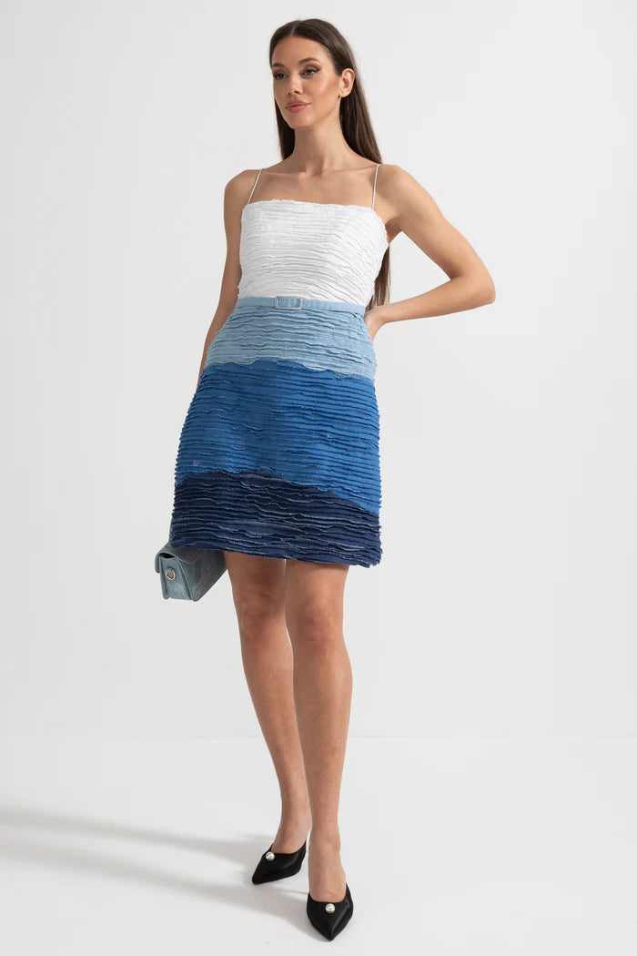 Ombre Mini Dress with Textured Layered Fabric - White/Blue