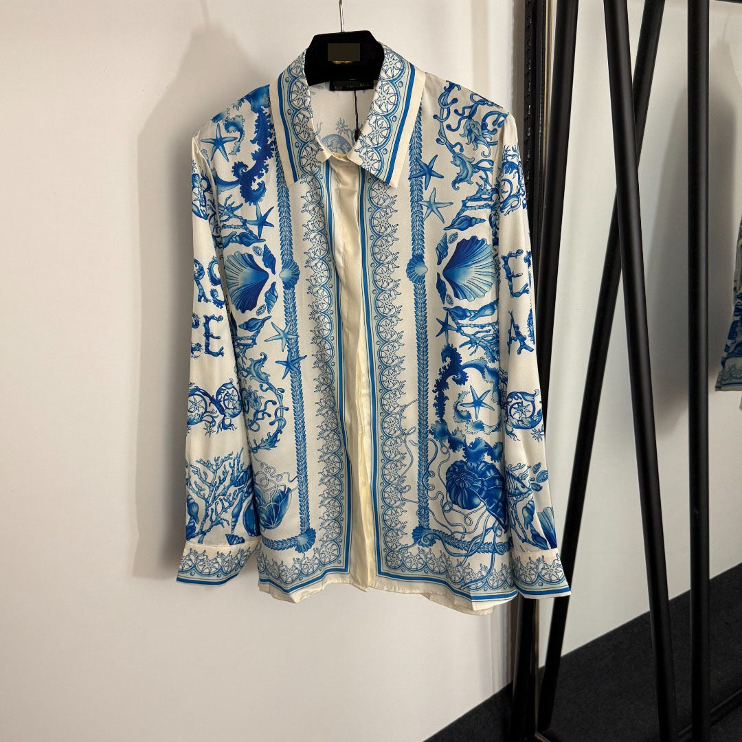 Seafood print long-sleeved shirt + casual wide-leg trousers set