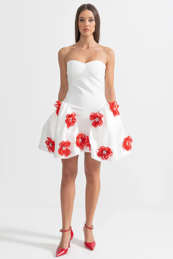 Elegant Mini Dress With 3D Silver Flower Embellishments - White