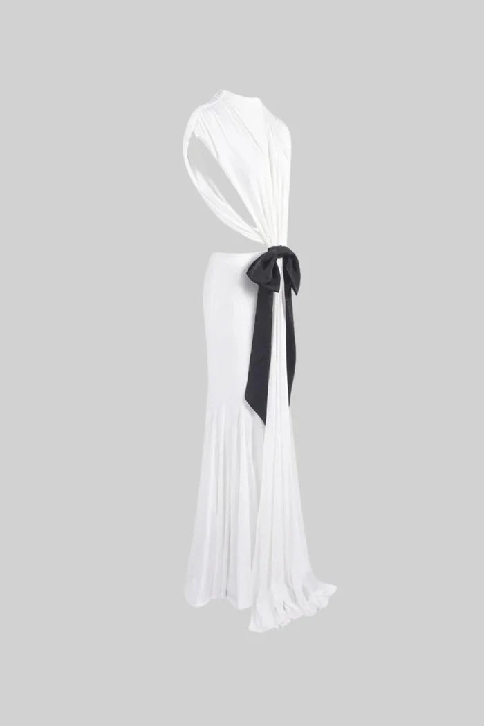 Open Back Draped Gown With Contrasting Bow Detail – White