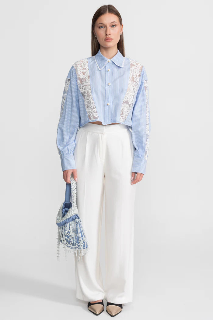 triped Cotton and Lace Panel Shirt – Light Blue