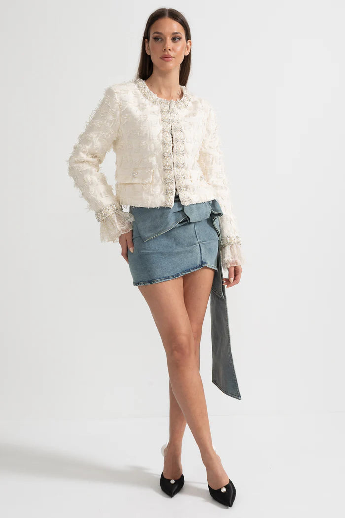 Textured Jacket Top with Pearl and Crystal Embellishments - Ivoire