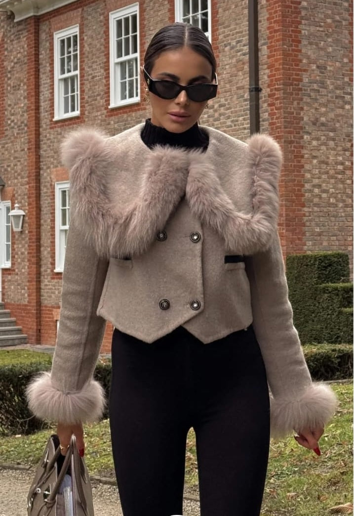 Double Breasted Cropped Jacket With Fur Collar Embellishment - Brown