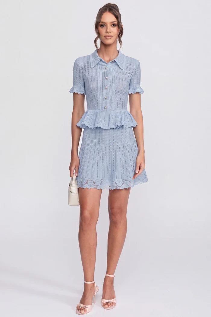 Polo-Collar with Button Top and Mini Skirt Set - Blue