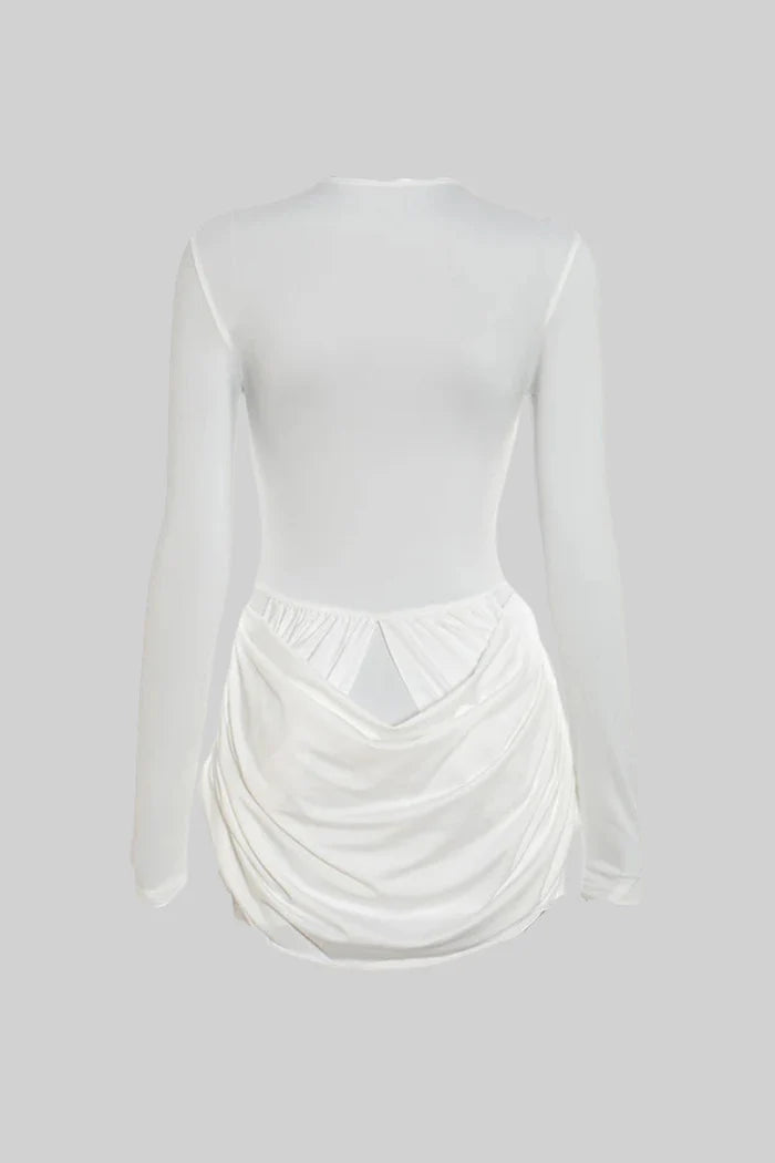 Draped Cut-Out Mini Dress With Sculptural Buttons – White