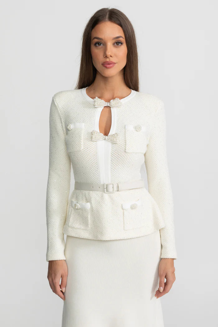 Tweed Peplum Knit Midi Dress – White