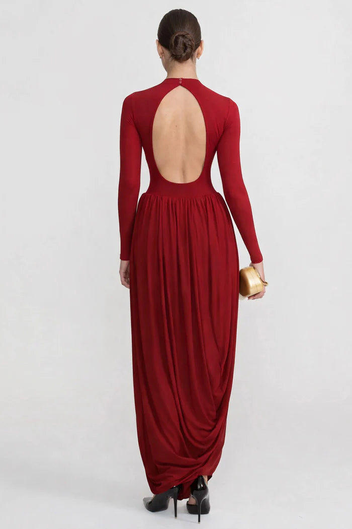 Long Sleeve Maxi Dress With Draped Skirt - Red