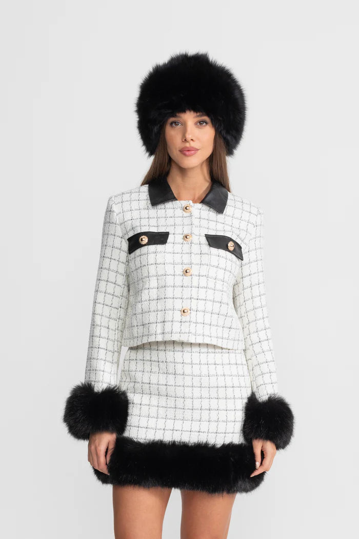 Tweed Co-Ord Set With Faux Fur Trim And Contrast Leather Details – White And Black