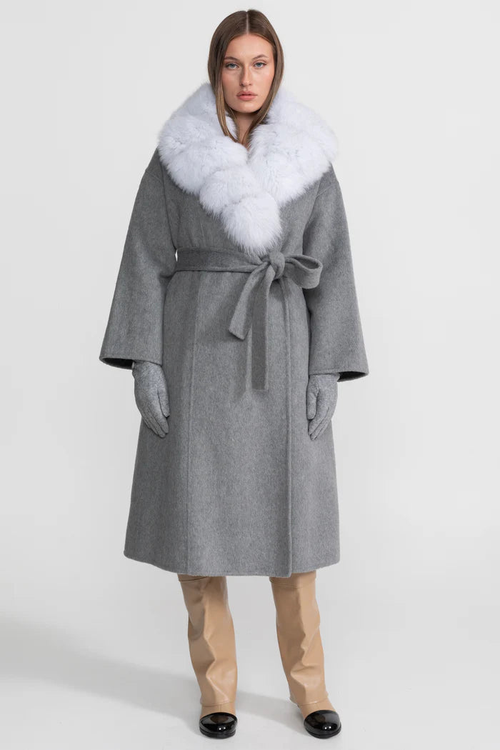 Wool Wrap Coat with Fox Fur Collar And Tie Belt – Gray