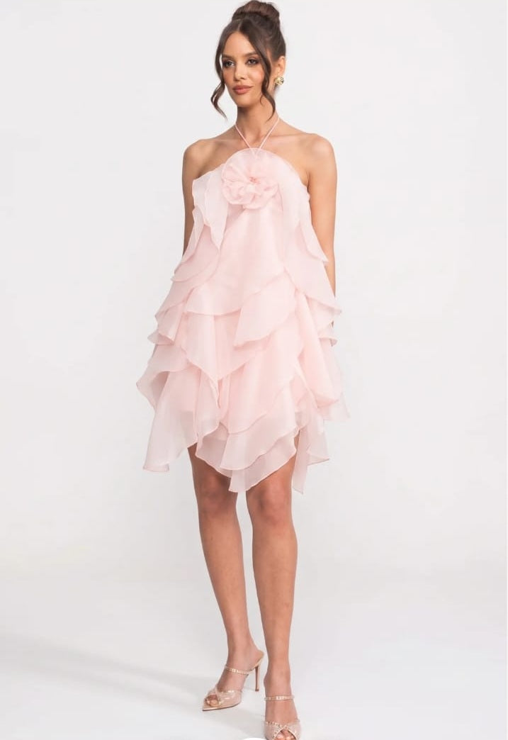 Tiered Ruffle Mini Dress With 3D Floral Halter Neck - Pink