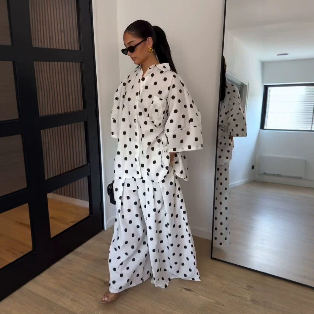 polka dot loose plus-size shirt wide-leg pants two-piece set