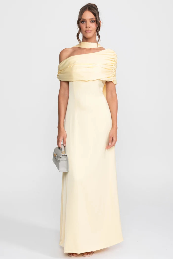 One-Shoulder Draped Satin Gown With Ruched Wrap - Yellow
