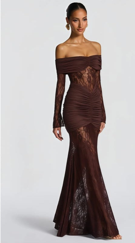Brigitte Brown Lace Panel Ruched Maxi Dress