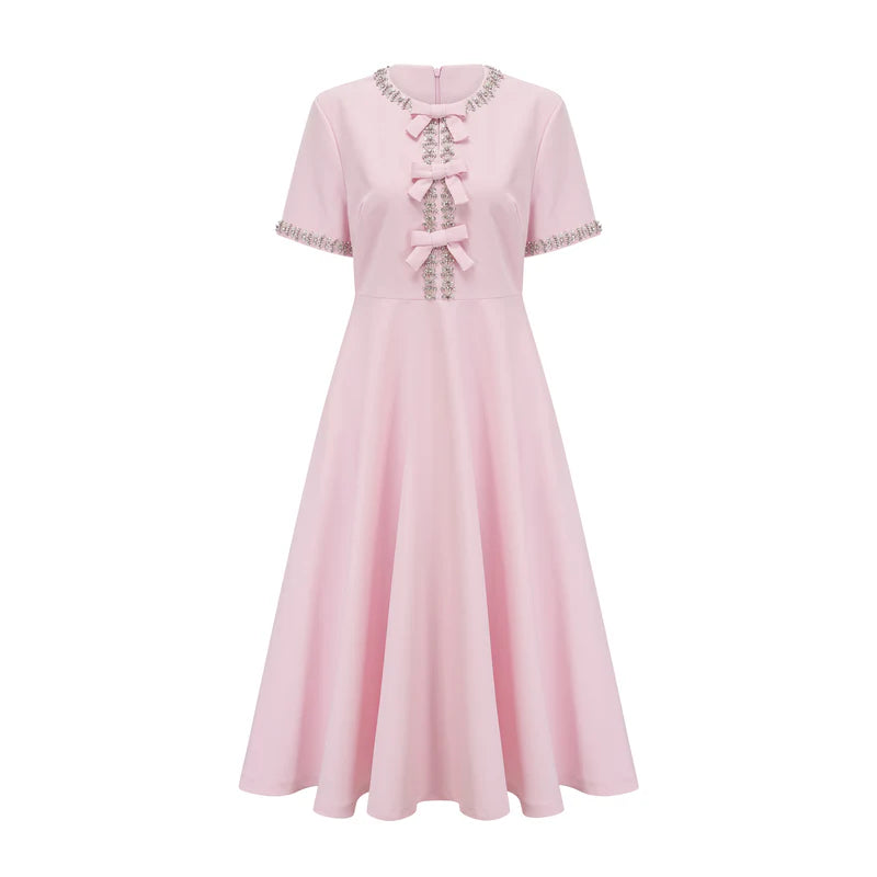Esther pink bow-detail short-sleeve crystal midi dress