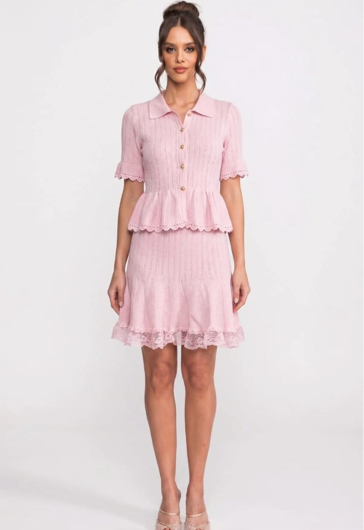 Polo-Collar Mini Dress With Button Top, Peplum Waist And Lace Hem - Pink