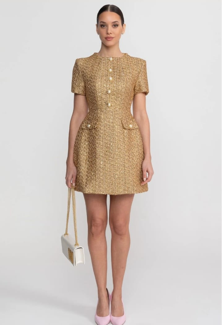 Tweed Mini Dress With Round Neckline And Pearl Button Detail - Gold