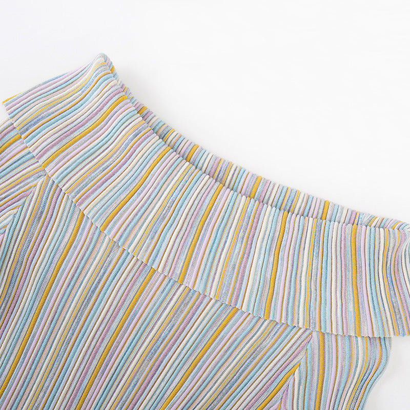 One-line neck long sleeve striped  dress