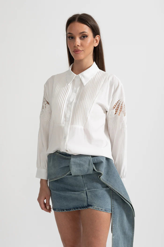Long-Sleeve Shirt With Pleated Front And Lace Sleeve Inserts - White