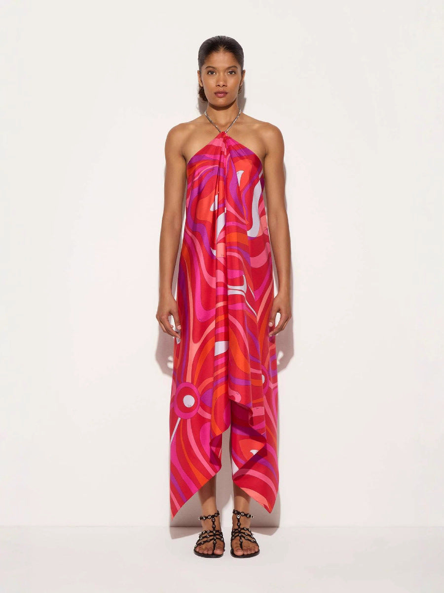 Printed Halter Neck Long Dress Irregular Dress