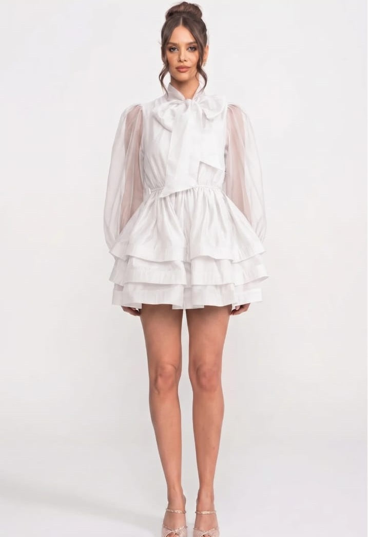 High Neck Puff Sleeve Mini Dress with Layered Ruffle Skirt and Bow - White