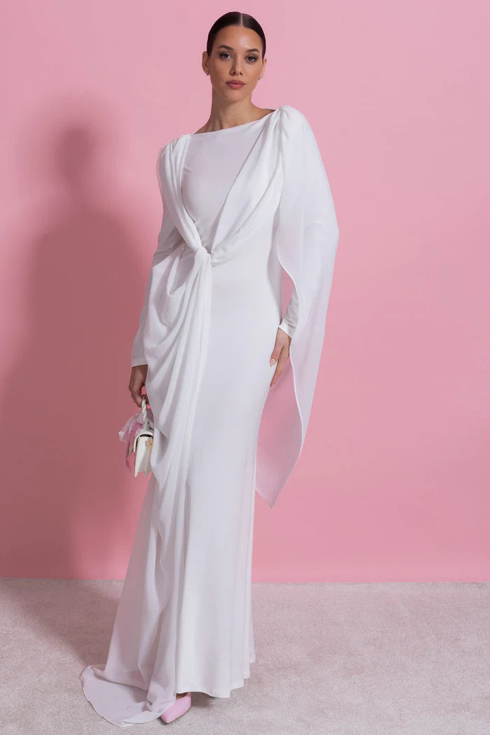 Draped Long Sleeve Maxi Dress With Cape Overlay With Knot Front Detail - White