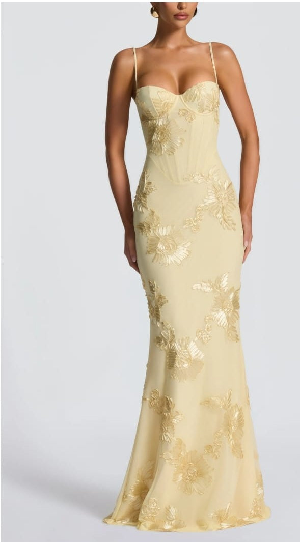 Théoline Yellow Floral Jacquard Corset Maxi Dress