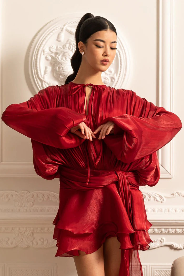 Draped Long-Sleeved Dress with Mini Skirt And Ruched Waistband - Red