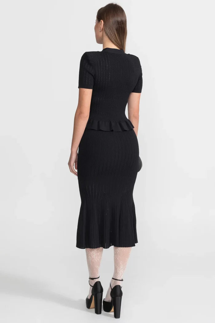 Knit Midi Co-Ord with Peplum Waist and Gold Buttons – Black
