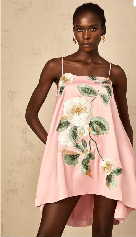 Avril Pink Floral Embroidered Satin Mini Dress