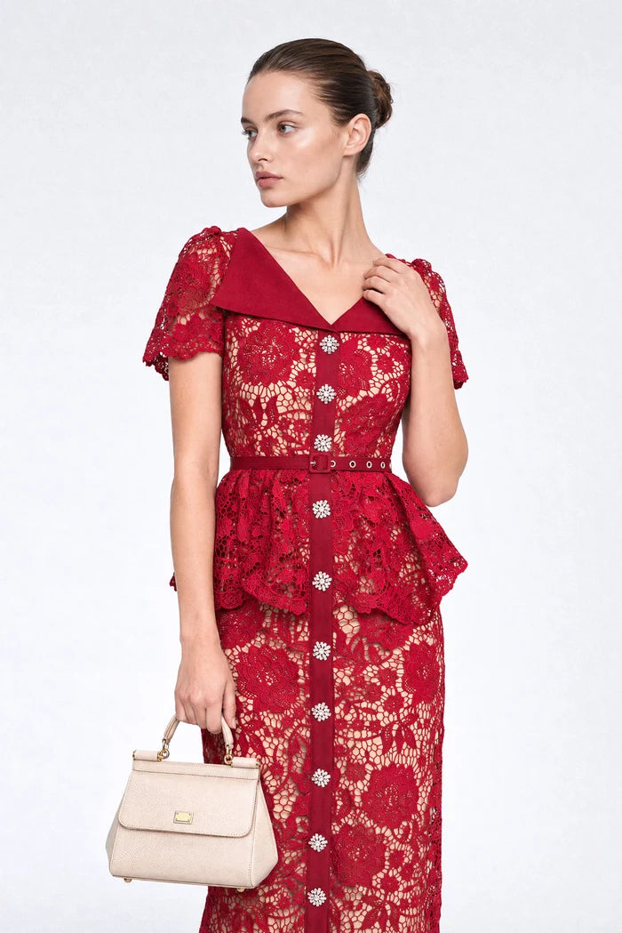 Crystal-Button Lace Peplum Midi Dress - Red