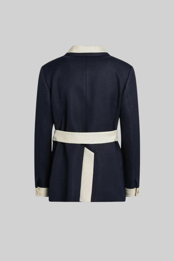 Two-Tone Tweed Jacket With Contrast Trim and Waist Belt – Navy