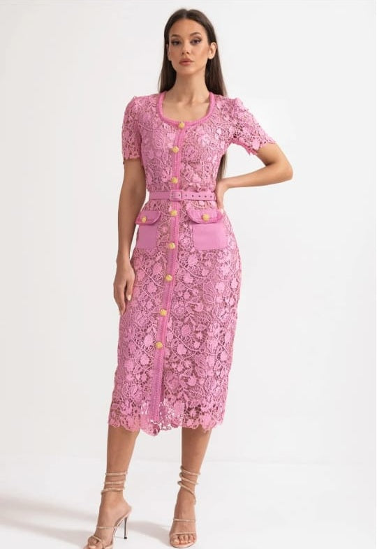Exquisite Short Sleeve Lace Midi Dress - Rose