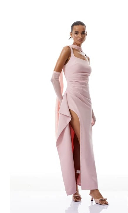 Ophélie Pink Scarf Detail Gathered Maxi Dress